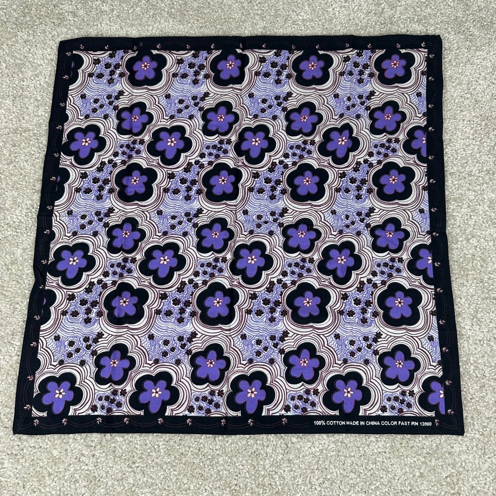 Purple Floral Cotton Bandana Retro Psychedelic Flower Print Handkerchief - Picture 1 of 5
